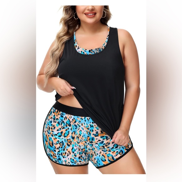 Women Plus 3 pc Tankini Swimsuits Bathing Suits Boy Shorts Tank Top Sports Bra - Picture 1 of 6